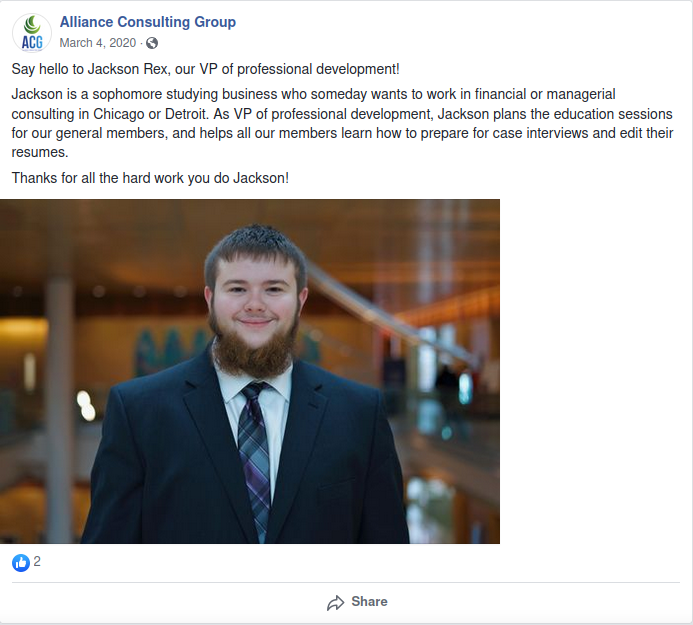 A screenshot of a Facebook post by Alliance Consulting Group from March 4, 2020 showing Jackson Rex as their VP of professional development.